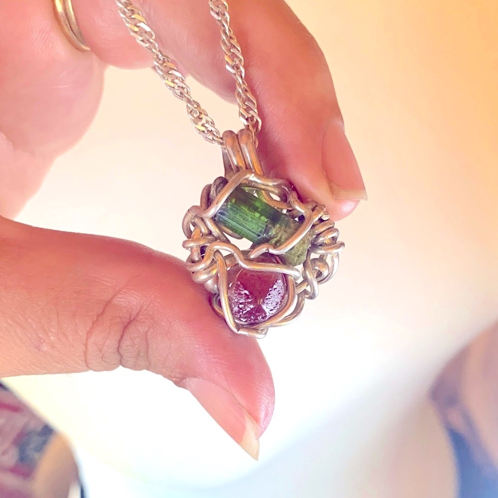 Green Tourmaline Garnet Sterling Silver Wire Pendant Handmade